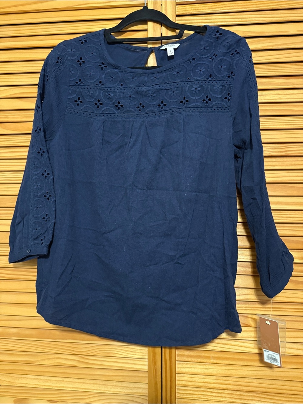Sonoma Navy Eyelet Yoke Long Sleeve Blouse